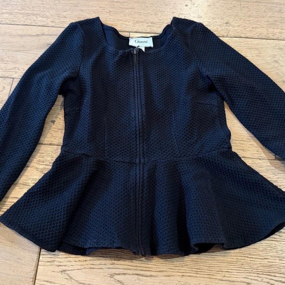 Ganni Black Textured Peplum Zip Front Jacket Top Size XS (1252)